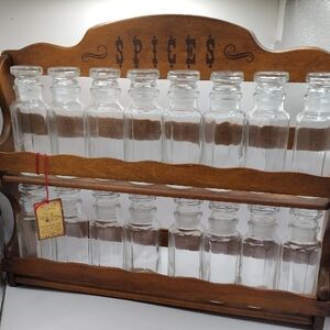 Vintage Three Mountaineers "Original" Wooden Spice Rack with 16 Glass Jars, NEW